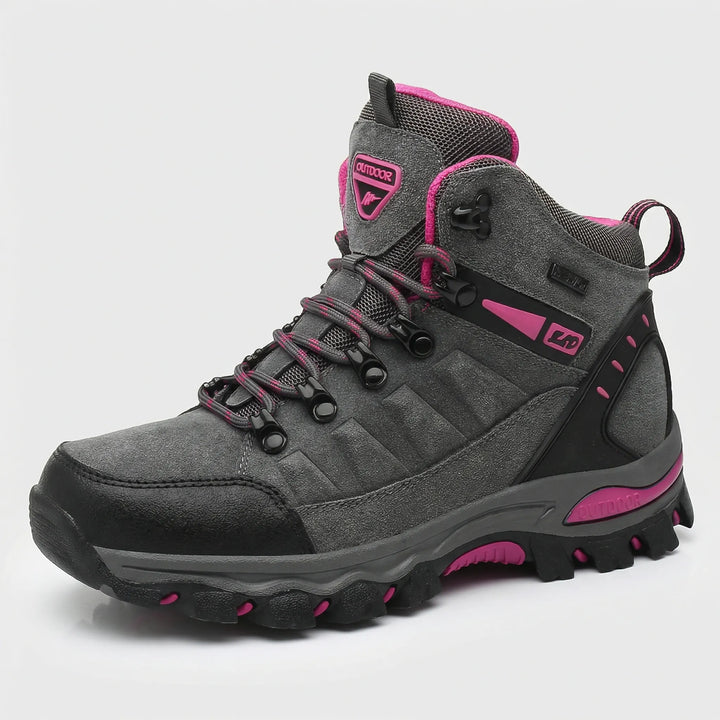 Water-repellent women's hiking boots for comfortable all-day trail adventures, featuring rugged soles & support.