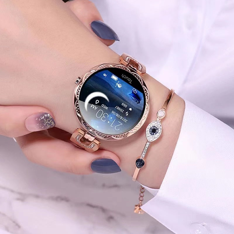 Waterproof women's fitness smartwatch, perfect for tracking workouts, heart rate, and steps during any activity.