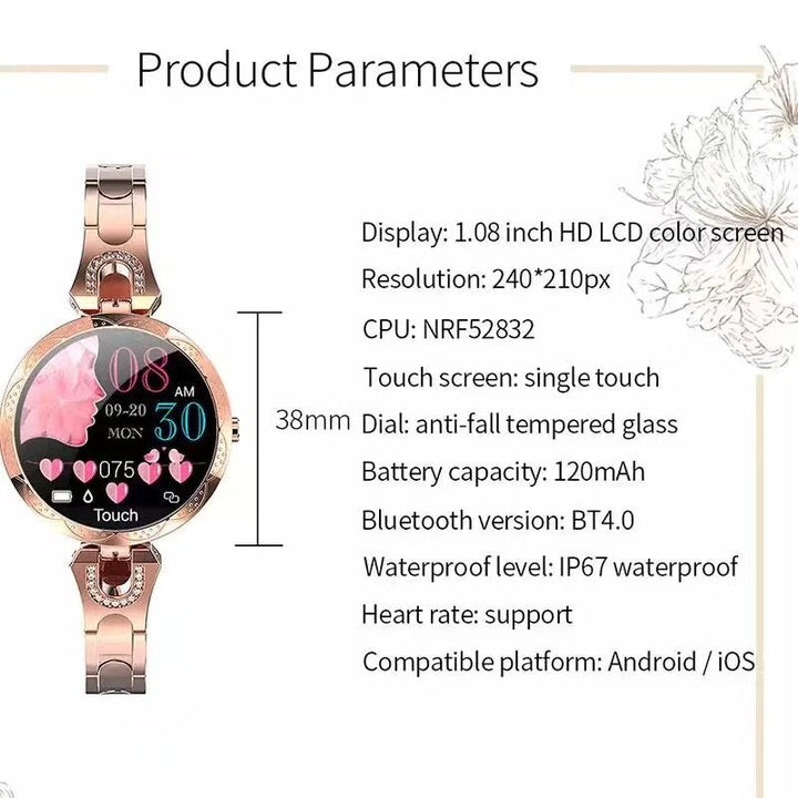 Stylish women's health monitor smartwatch with accurate pulse tracking, sleep analysis, and daily activity logs.