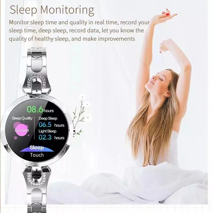 Elegant women's digital smartwatch, waterproof, with fitness tracking, heart rate monitoring, and smart notifications.