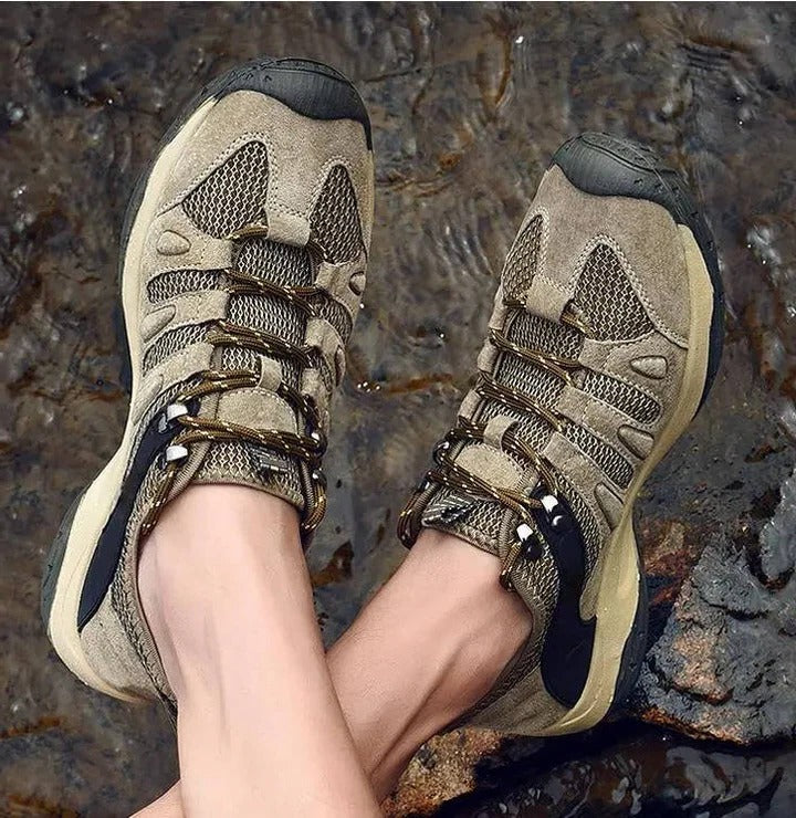 Close-up of women's waterproof hiking shoes, highlighting all-terrain sole and traction.