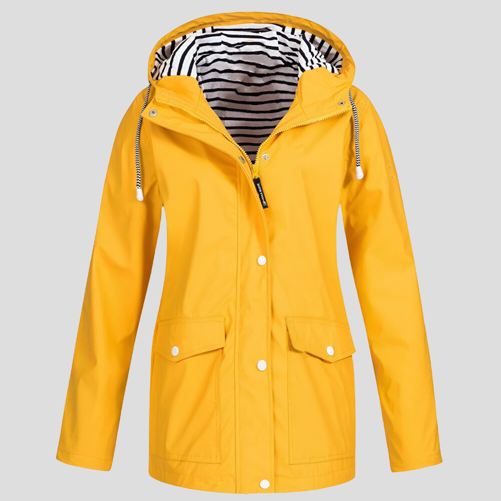 Women's waterproof hooded rain jacket in black, ideal for outdoor adventures & travel. Features front pockets.