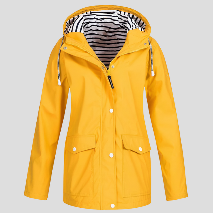 Women's waterproof hooded rain jacket in black, ideal for outdoor adventures & travel. Features front pockets.