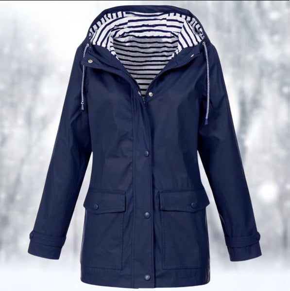 Stylish women's hooded rain jacket, lightweight casual outerwear perfect for spring & fall.