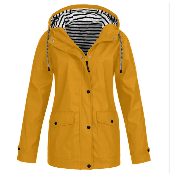 Versatile women's waterproof hooded jacket, perfect lightweight outerwear for spring, fall, and travel.