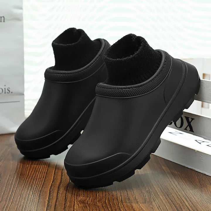Practical and fashionable women's slip-on clogs, waterproof with a unique knit ankle cuff.