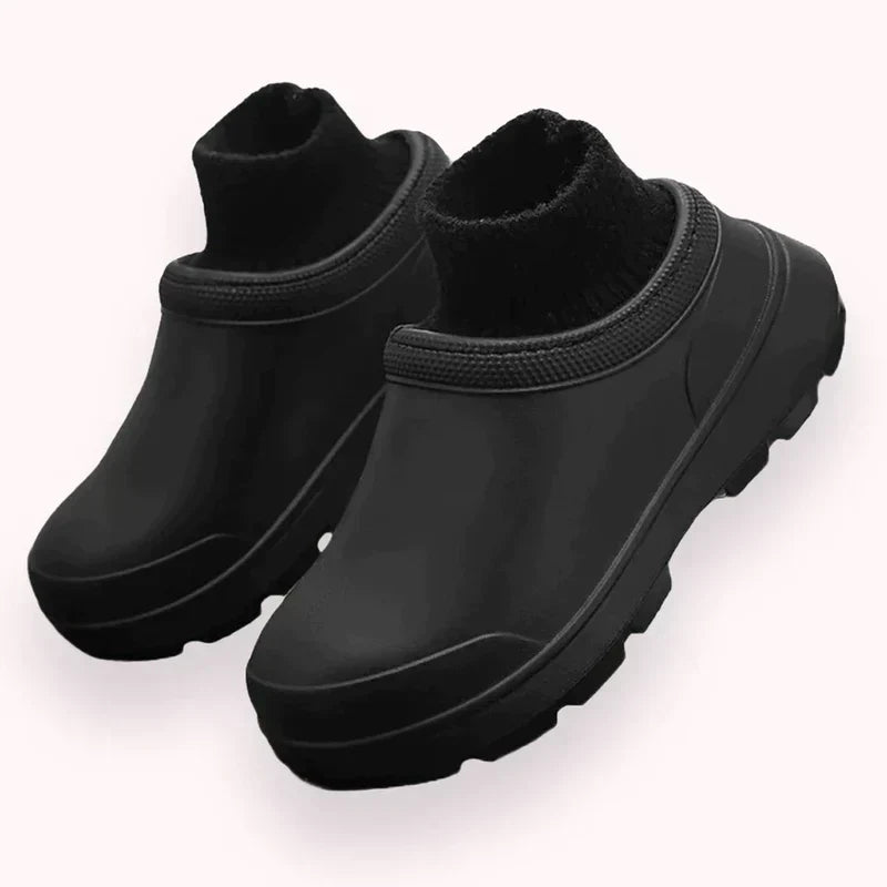 Comfortable slip-on clogs for women, waterproof design with a fashionable knit ankle cuff for casual style.