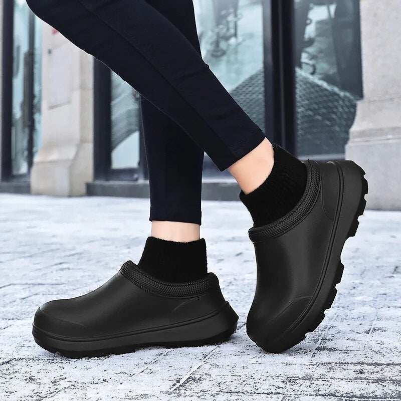 Durable women's waterproof slip-on clogs, designed with a snug knit ankle cuff and non-slip sole.