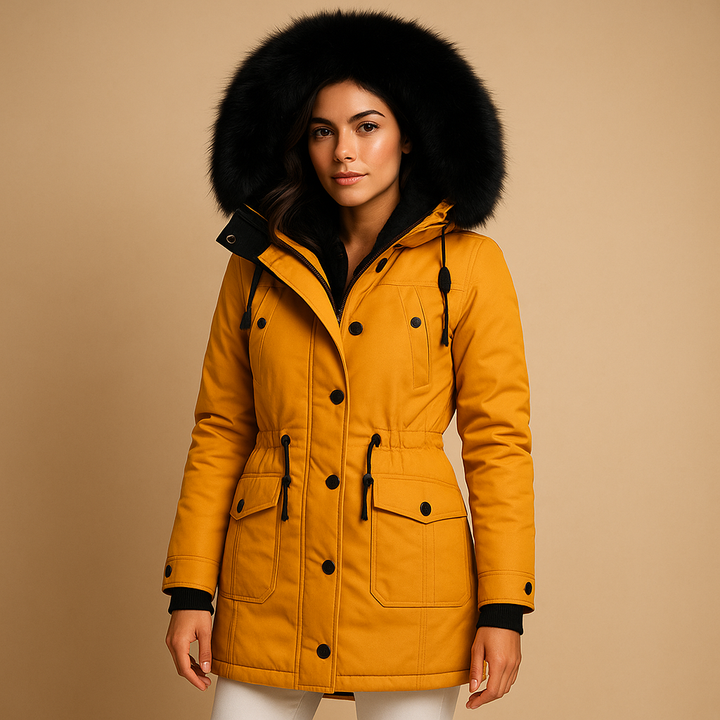 Women's waterproof winter coat with cozy faux fur hood, perfect for cold weather and elegant daily wear.