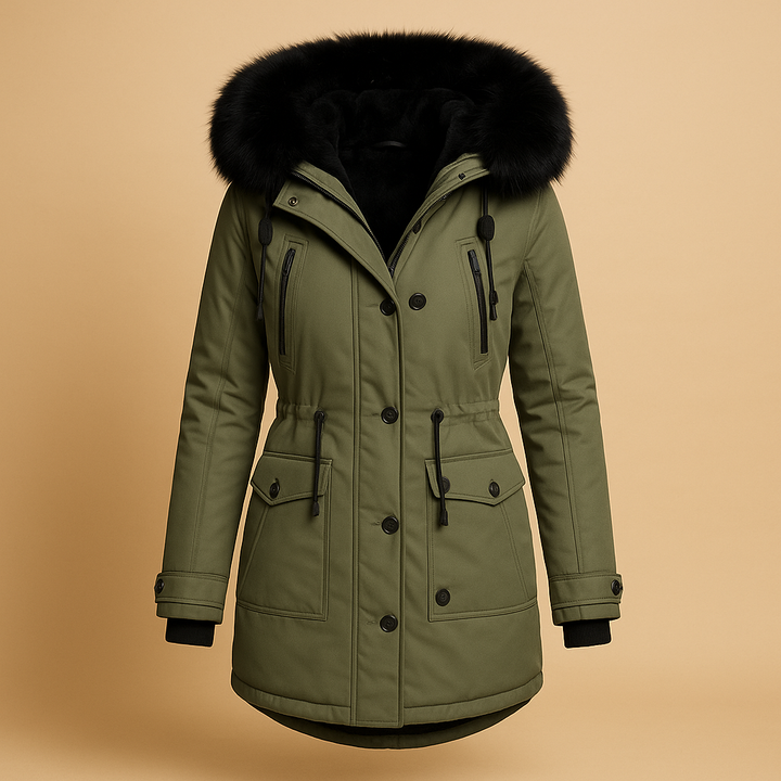 Woman wearing elegant waterproof winter coat with faux fur hood, walking outdoors in cold fall weather.