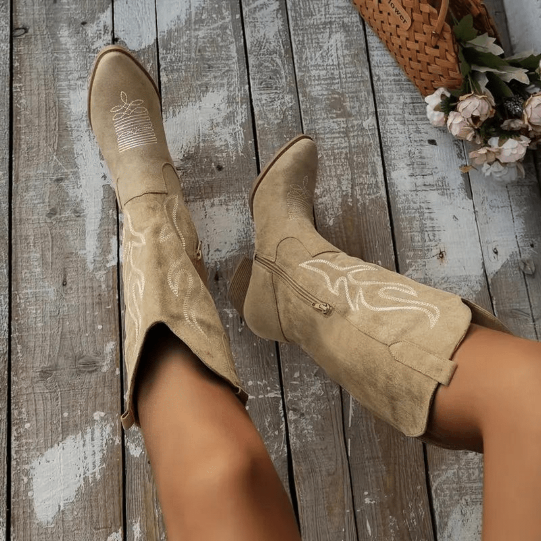 Women's Western cowboy boots with practical side zipper, pointed toe, and sturdy block heel, perfect for fashion.