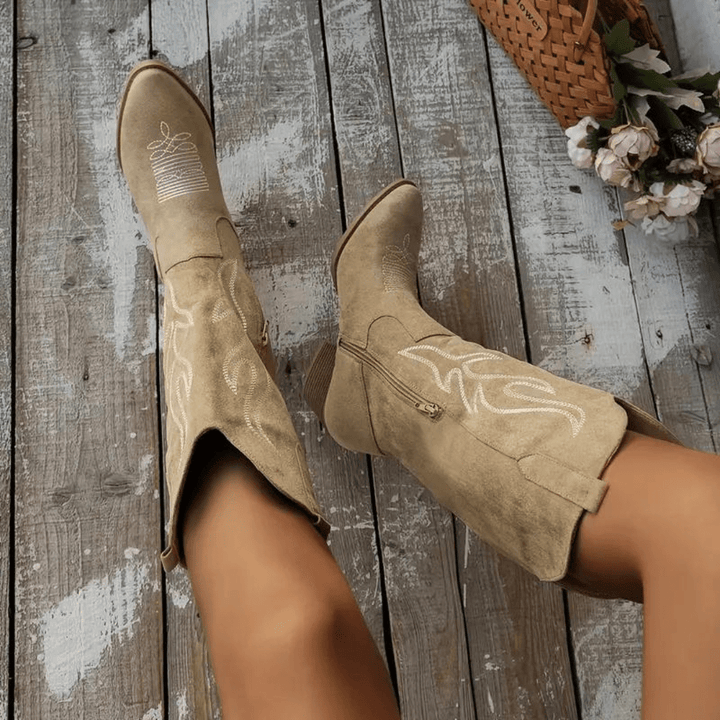 Women's Western cowboy boots with practical side zipper, pointed toe, and sturdy block heel, perfect for fashion.