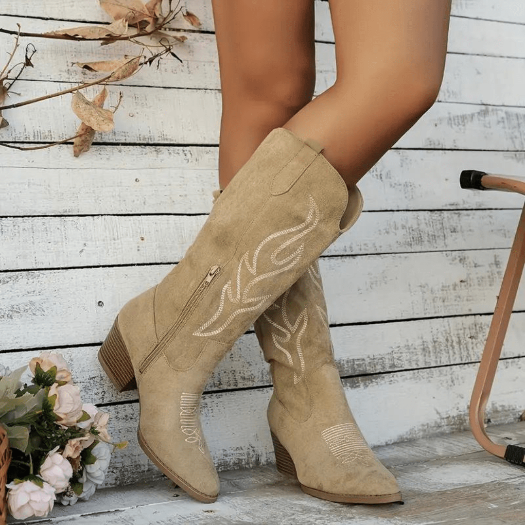 Stylish women's Western boots with a side zipper, comfortable block heel, and pointed toe for versatile fashion.
