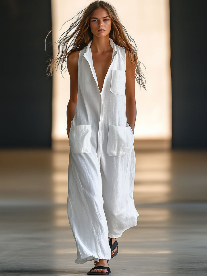 Women's white casual sleeveless wide-leg jumpsuit, perfect for a comfortable summer outfit.