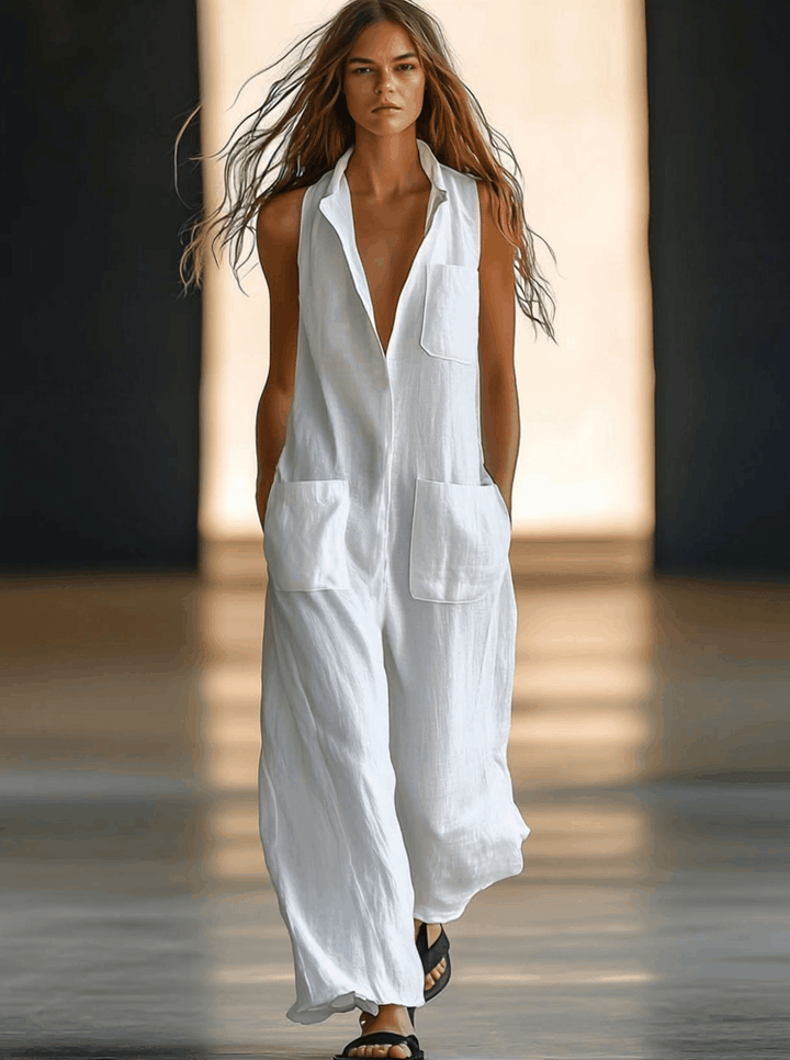 Relaxed fit women's sleeveless wide-leg jumpsuit in retro style. Comfortable one-piece summer fashion.