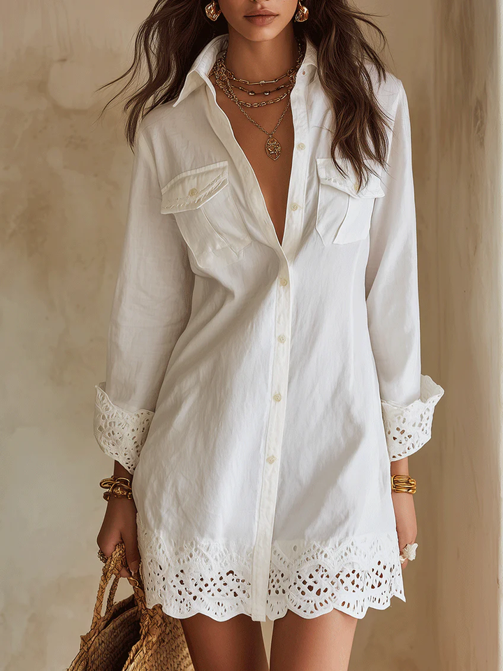 Women's white collared shirt dress with elegant crochet hem. Perfect for summer, beach, or casual daywear.