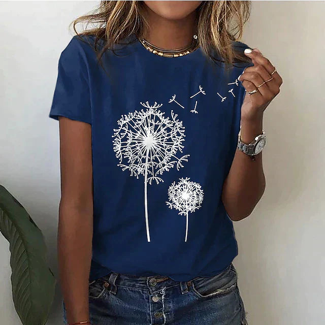 Stylish women's short sleeve crew neck tee featuring a delicate dandelion graphic. Modern summer fashion.