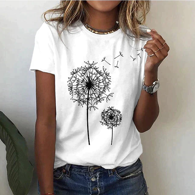 Soft women's graphic t-shirt with a unique dandelion print. Versatile top for casual outfits & all-day wear.