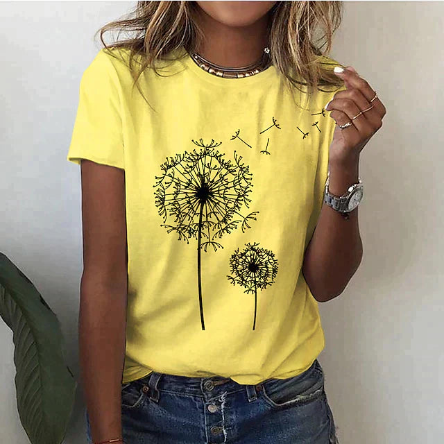 Women's fashionable dandelion print graphic tee. Short sleeve, crew neck for comfortable everyday casual style.