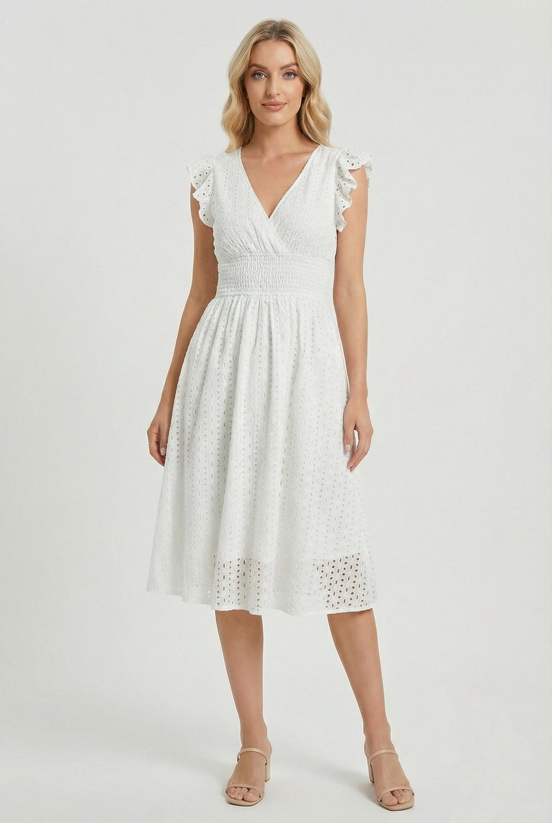 Women's white flared eyelet midi dress with ruffled sleeves, perfect for summer style.