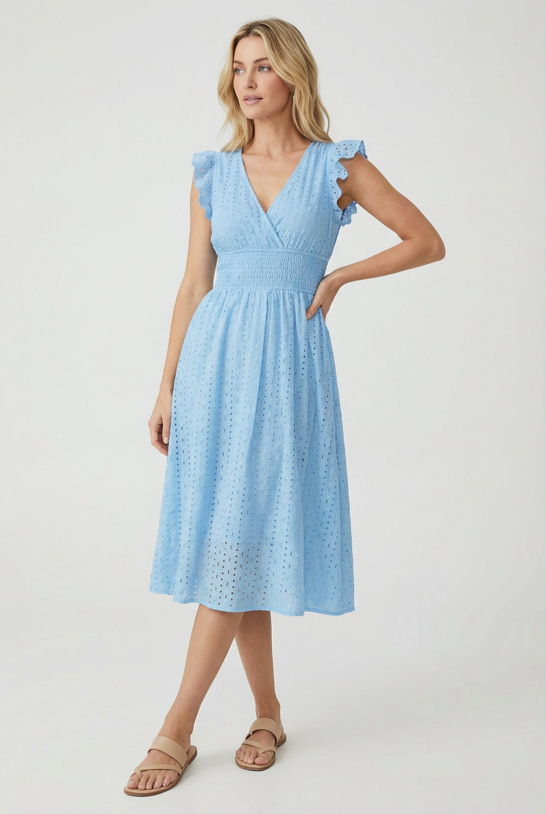 Charming women's summer midi dress, eyelet fabric, flared design, with cute ruffled sleeves.