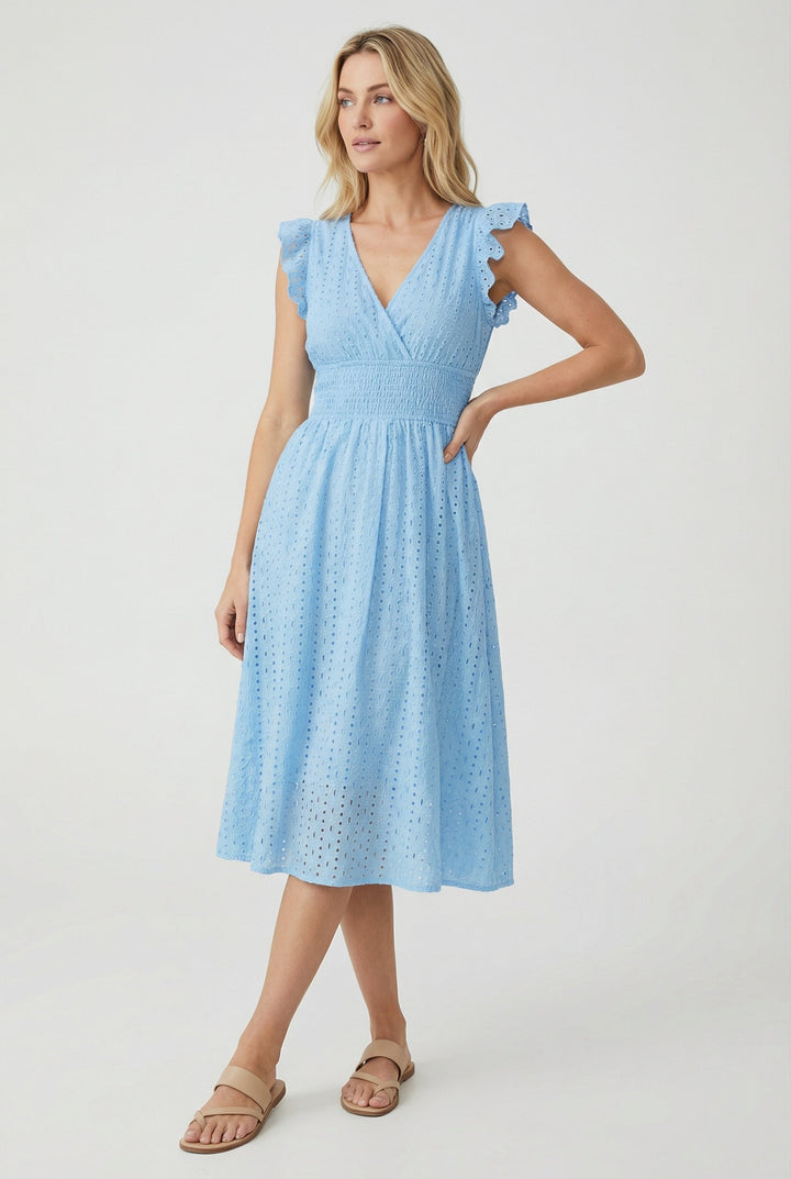 Charming women's summer midi dress, eyelet fabric, flared design, with cute ruffled sleeves.