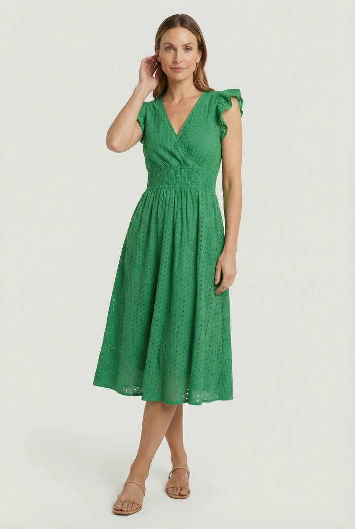 Beautiful women's flared eyelet midi dress, ruffled sleeves, smocked waist for a flattering look.
