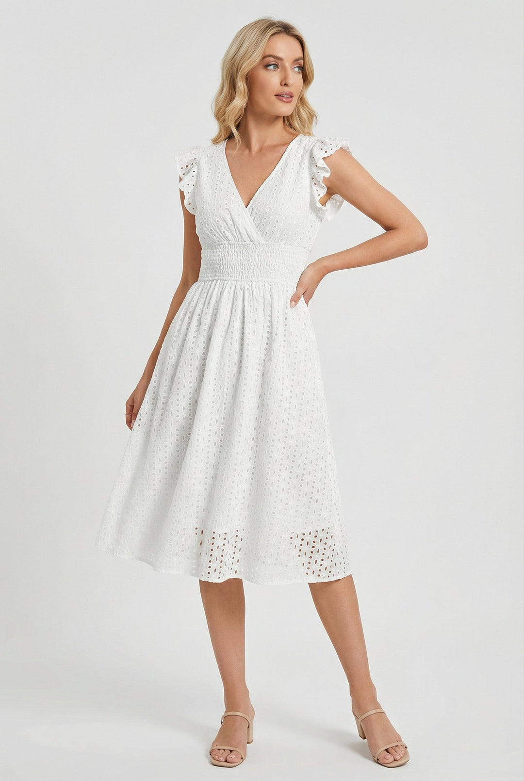 Elegant women's eyelet midi dress, flared skirt, ruffled short sleeves for effortless wear.
