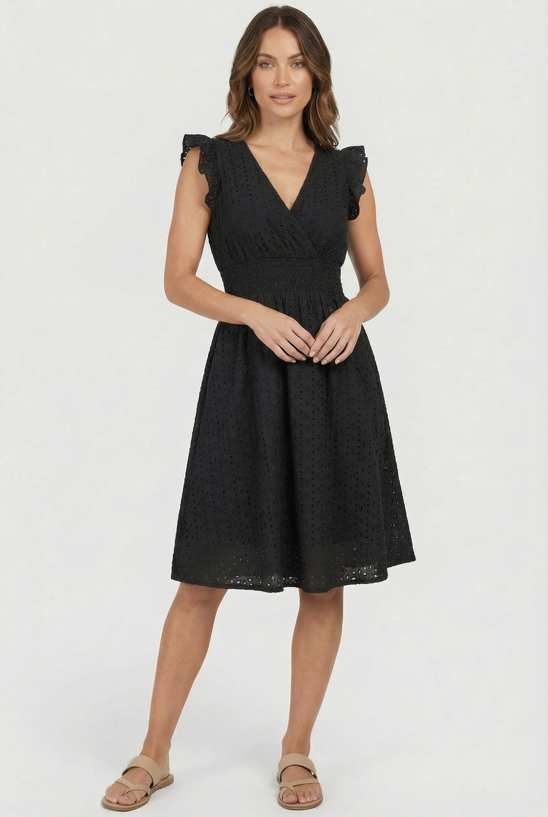 Stylish women's day dress: eyelet midi, flared hem, and pretty ruffled sleeves for comfort.