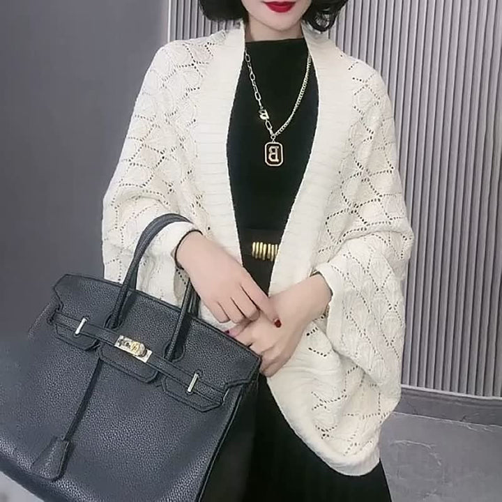 Women's summer cardigan: white knit diamond hollow design with comfortable batwing sleeves.