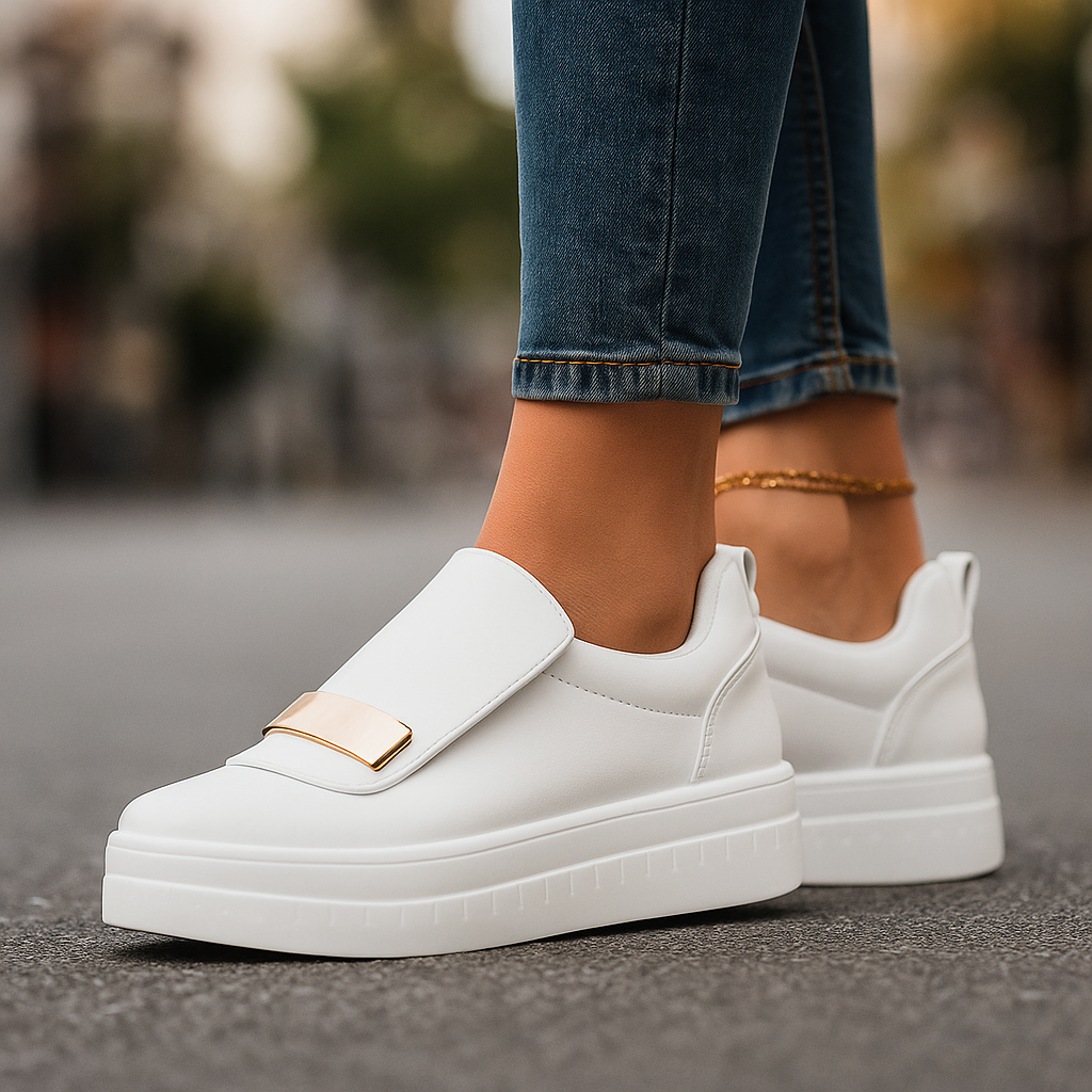 Women's white platform sneakers with gold accent, orthopedic insole for comfort.