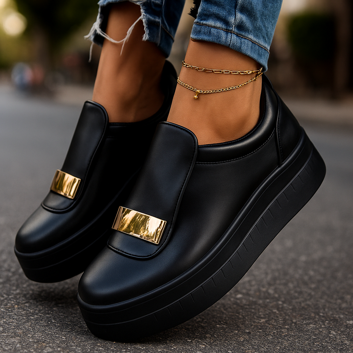 Casual women's footwear: white platform sneakers featuring shock-absorbing orthopedic insole.