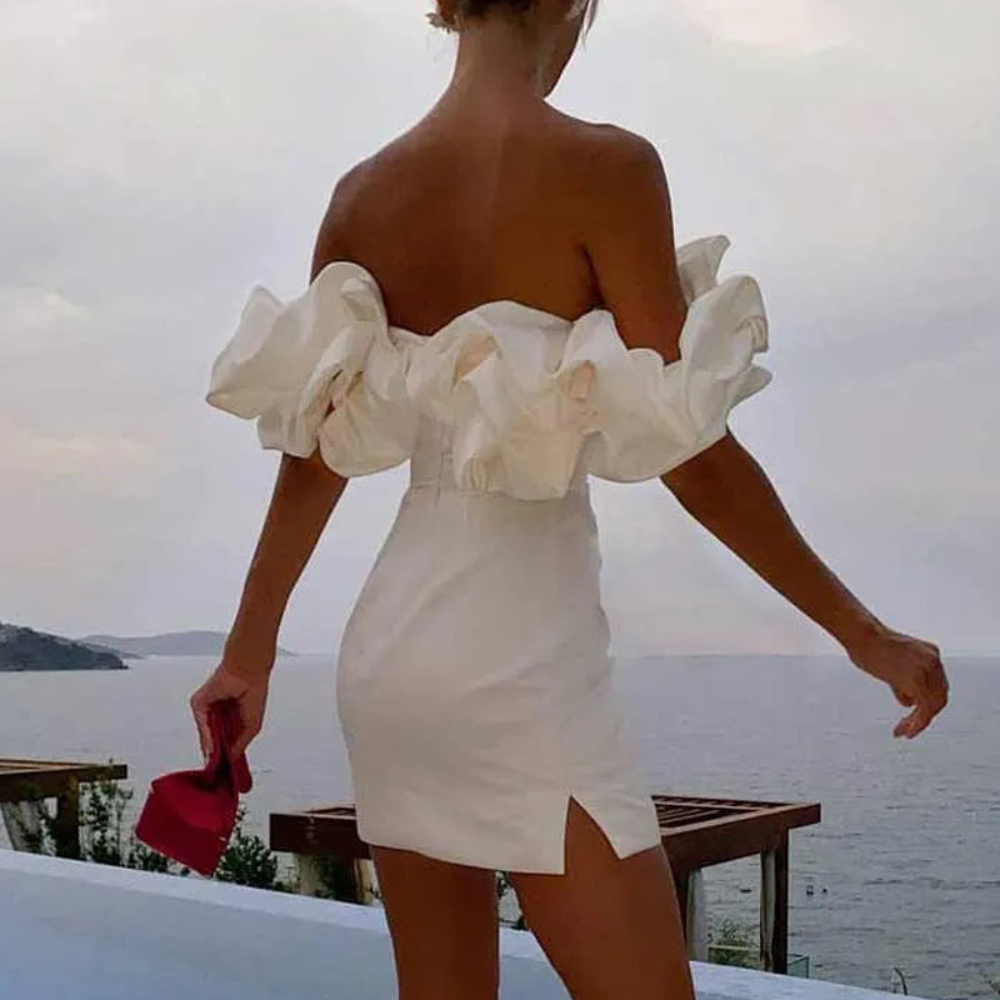 White formal ruffle mini dress for women, perfect for wedding guests, parties and special occasions
