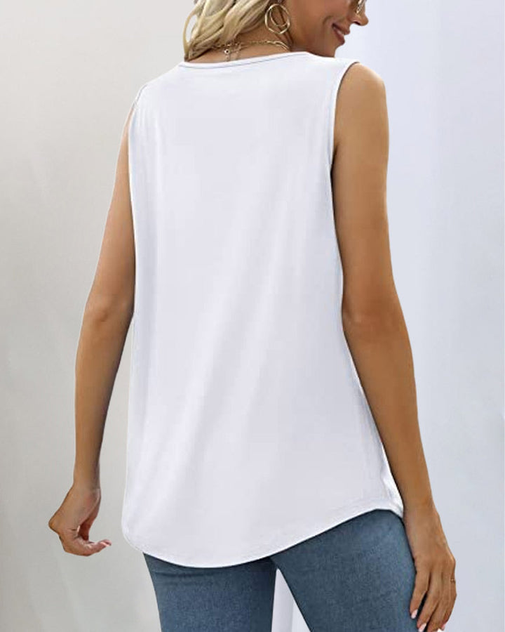 Model wearing a black square neck sleeveless cotton tank top, ideal for spring and fall fashion