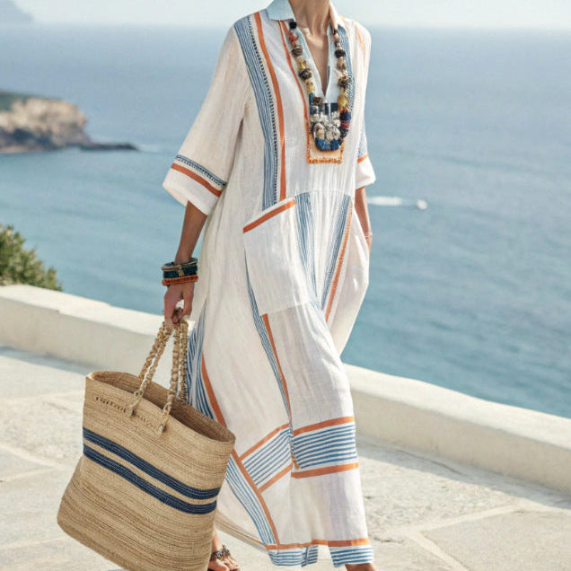 Women's white striped kimono maxi dress, perfect for beach, summer, vacation. Loose fit, V-neck bohemian style.