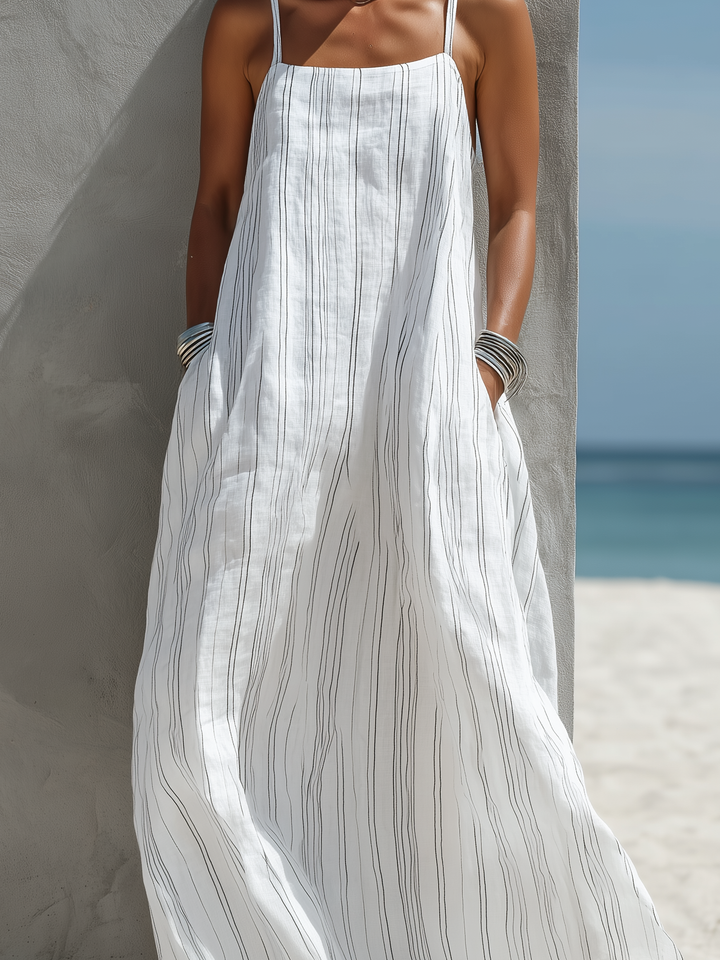 Full-length view of a women's casual striped square neck maxi dress, ideal for summer vacations and comfortable wear.