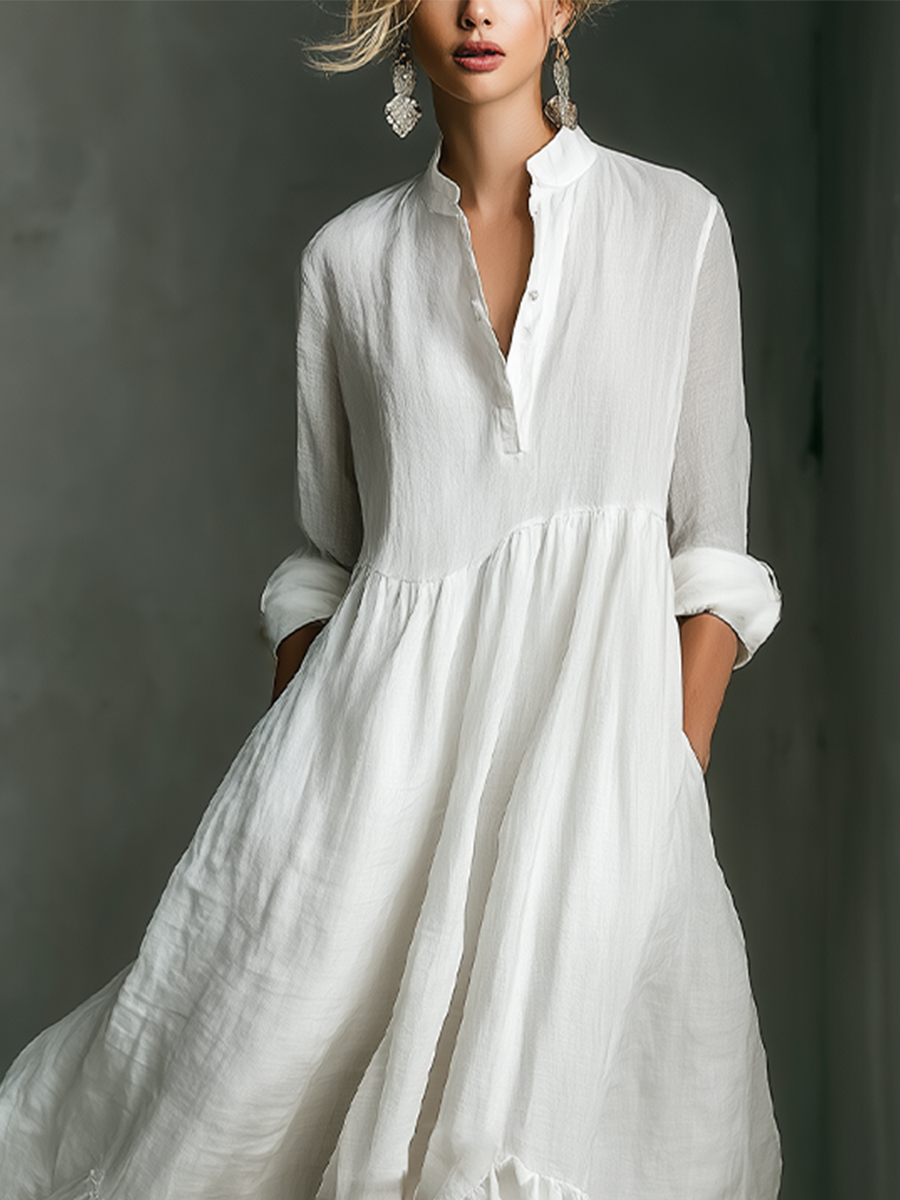 Comfortable women's long-sleeve white tiered maxi dress, perfect for effortless casual summer styling.