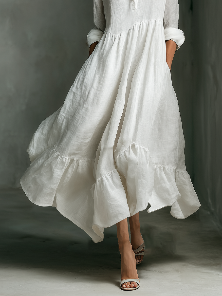 Flowy white tiered maxi dress for women with a stand collar and button-front, ideal for warm weather elegance.