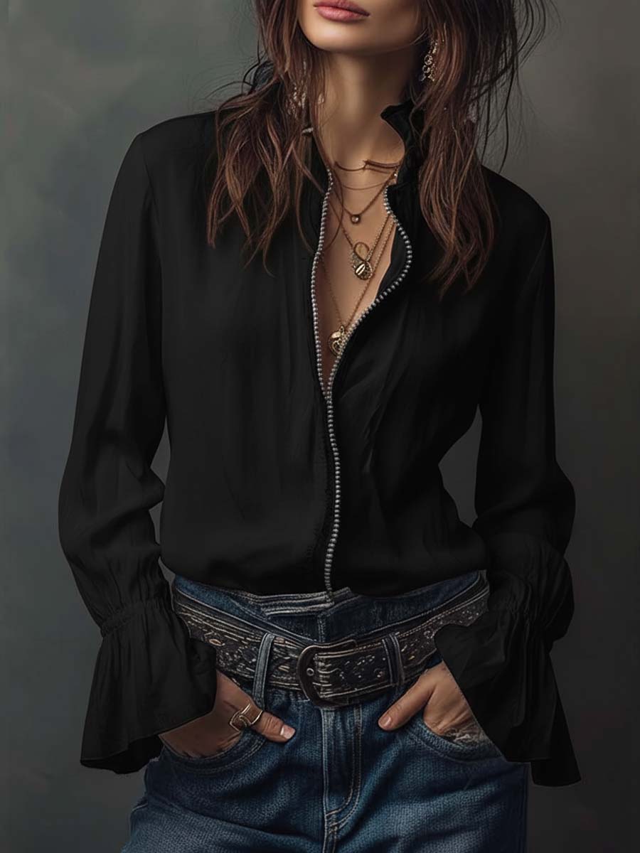 Fashionable white zip-front women's blouse with eye-catching bell cuffs. A versatile, elegant long-sleeve top.
