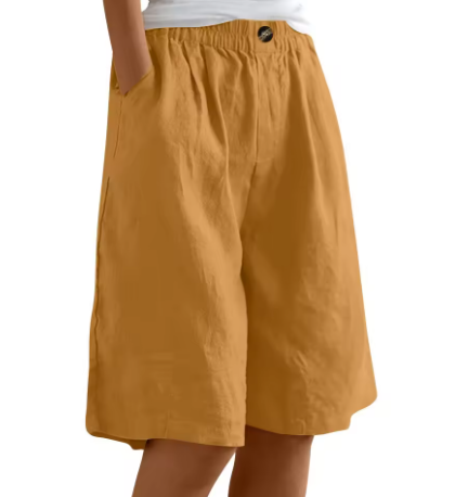 Everyday women's comfortable wide leg shorts with a knee-length cut and practical pockets.