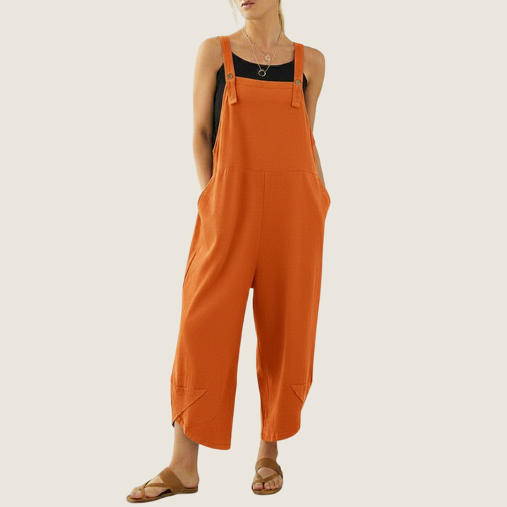 Easy-to-wear wide leg overalls for women, perfect for a comfortable and stylish casual spring/summer outfit.