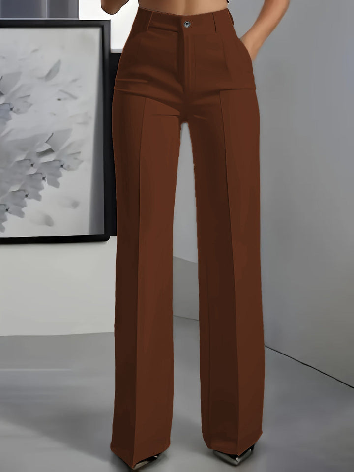 Structured women's wide leg trousers with high waist, providing a polished look for office or casual style.