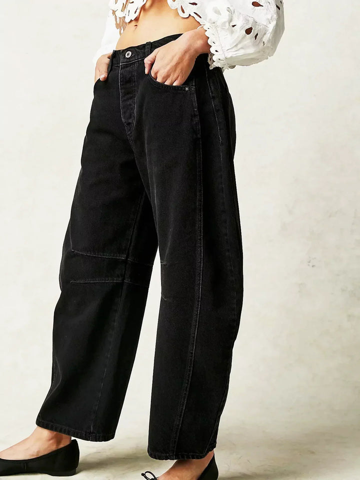 Trendy women's high waisted wide leg denim jeans, perfect for a casual fashion statement.