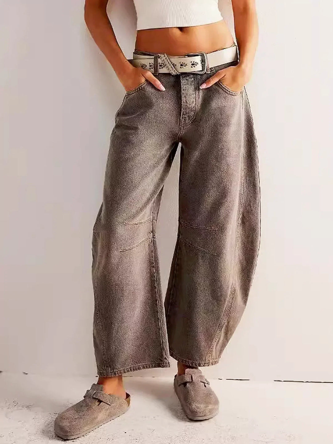 Classic denim wide leg jeans for women with a flattering high waisted design.