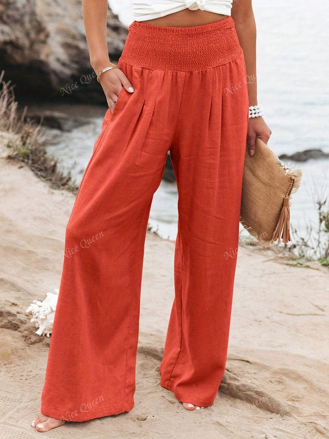 Flowy wide leg linen pants for women. Everyday casual comfort, high-waisted & relaxed fit style.