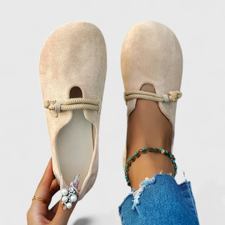 Women's wide toe box comfort flats with rope strap. Slip-on loafers for foot-friendly casual everyday wear.