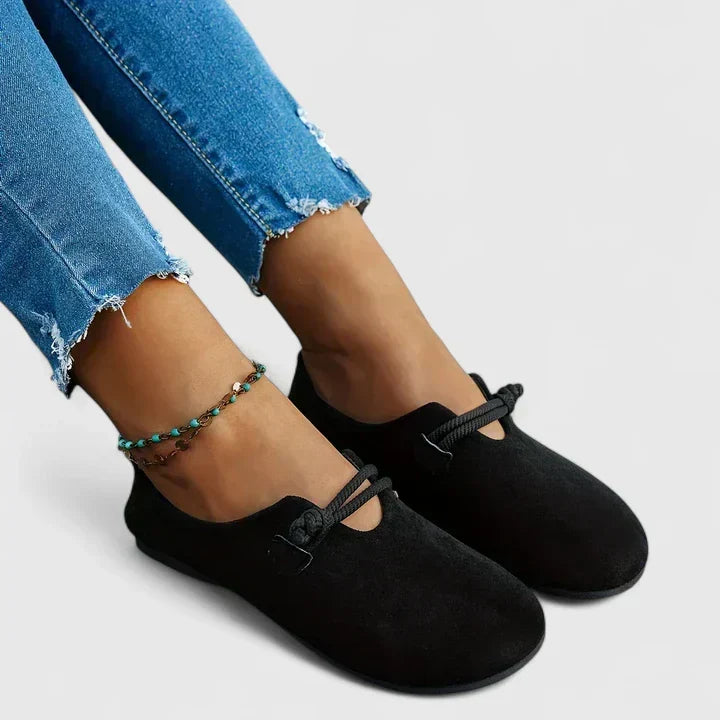 Foot-friendly women's wide toe box comfort flats. Slip-on rope strap loafers, great for travel & casual style.