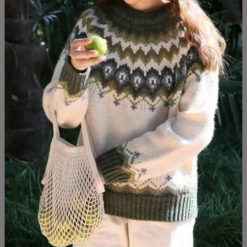 Women's Winter Nordic Knit Sweater, cozy and stylish, featuring a detailed graphic knit pattern.