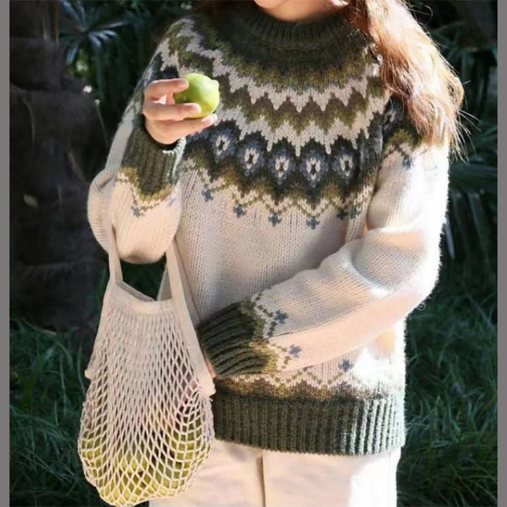 Women's Winter Nordic Knit Sweater, cozy and stylish, featuring a detailed graphic knit pattern.