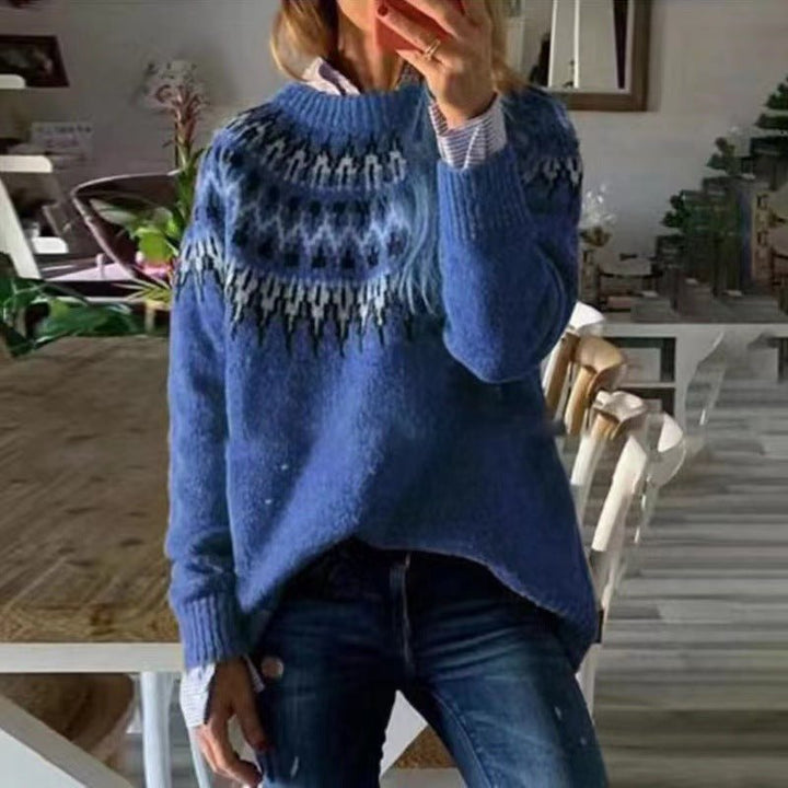 Full view of a comfortable Women's Nordic Knit Sweater, ideal for winter, with detailed long sleeves.